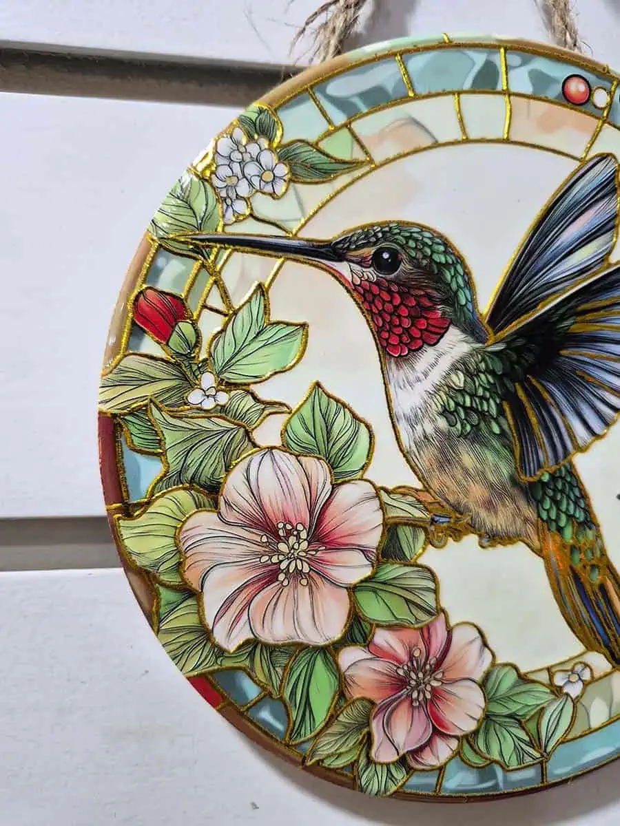 Colgante decorativo redondo de cerámica con colibrí entre flores blancas y rosadas en tonos celestes y verdes