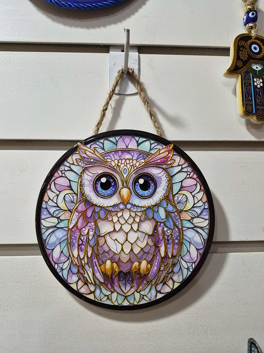 Colgante de pared redondo de cerámica con una lechuza en tonos violetas y azules sobre un fondo colorido