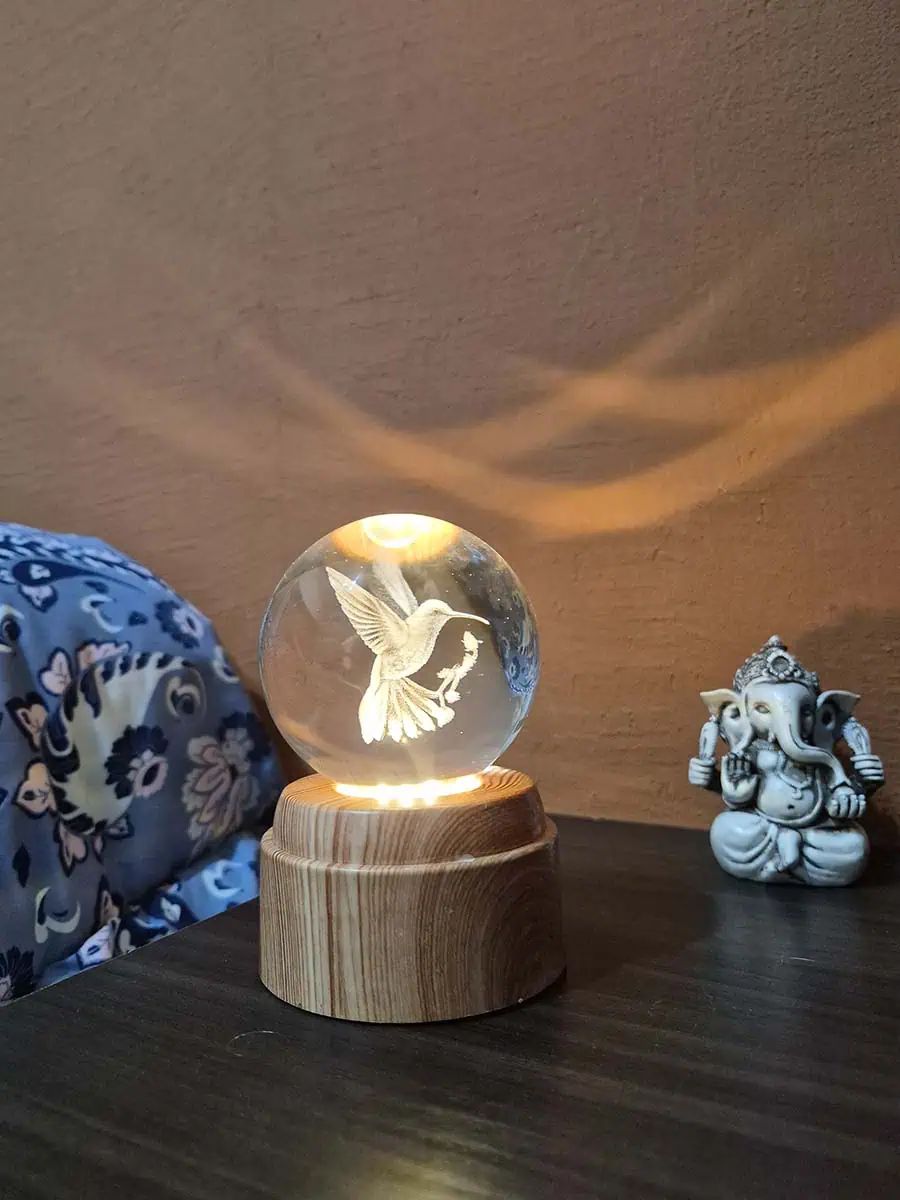 Lámpara esfera de cristal 3D giratoria con colibri, luz cálida y base de madera