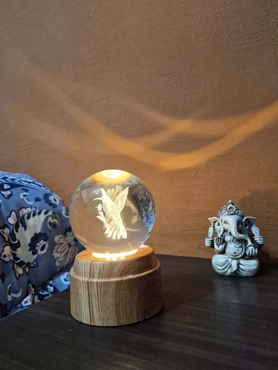 Lámpara esfera de cristal 3D giratoria con colibri, luz cálida y base de madera