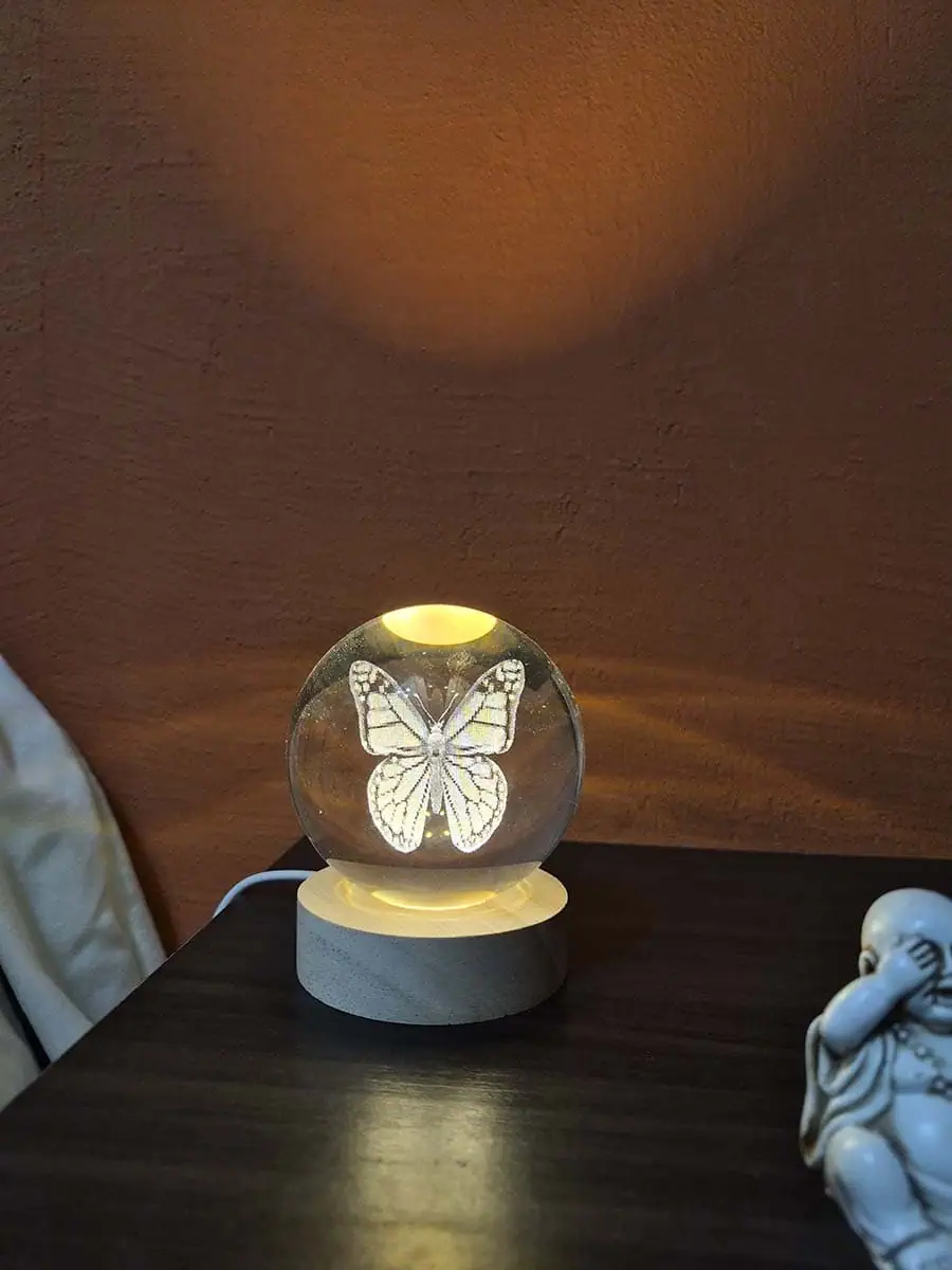 Lámpara esfera de cristal 3D con mariposa iluminada y base de madera