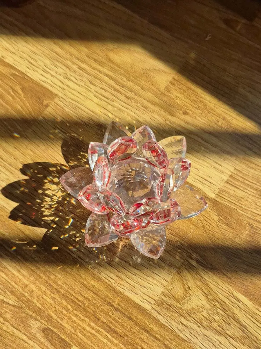 Flor de loto de vidrio transparente con detalles rojos y rosados, pétalos facetados que reflejan la luz del sol sobre madera