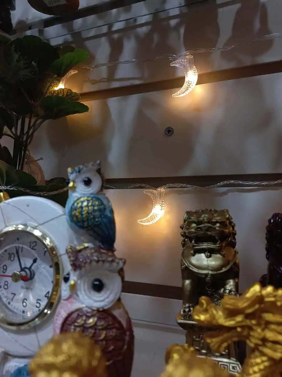 imagen de una tira de luces decorativa larga de lunitas calidas con enchufe