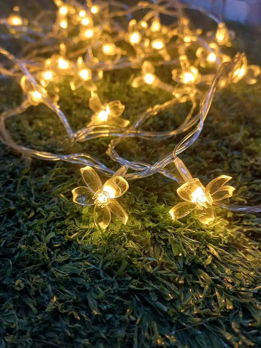 imagen de una tira de luces decorativa larga de flores calidas con enchufe