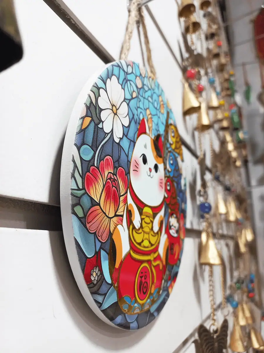 Gato maneki neko para perseverancia y exito redondo para colgar en pared con peces Koi y Daruma