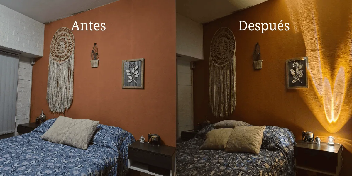 Antes y después de una habitación sin una lampara de esfera 3D decorativa